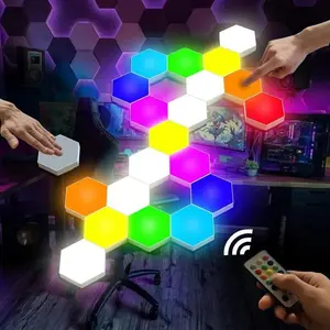 Creative Hexagon Wall Lights - Smart Remote Control & Touch-Sensitive RGB LED Honeycomb Night Lights, DIY Modular Assembled Splicing USB-Powered Panels for Home Decor, Minimalist Design & Easy Installation