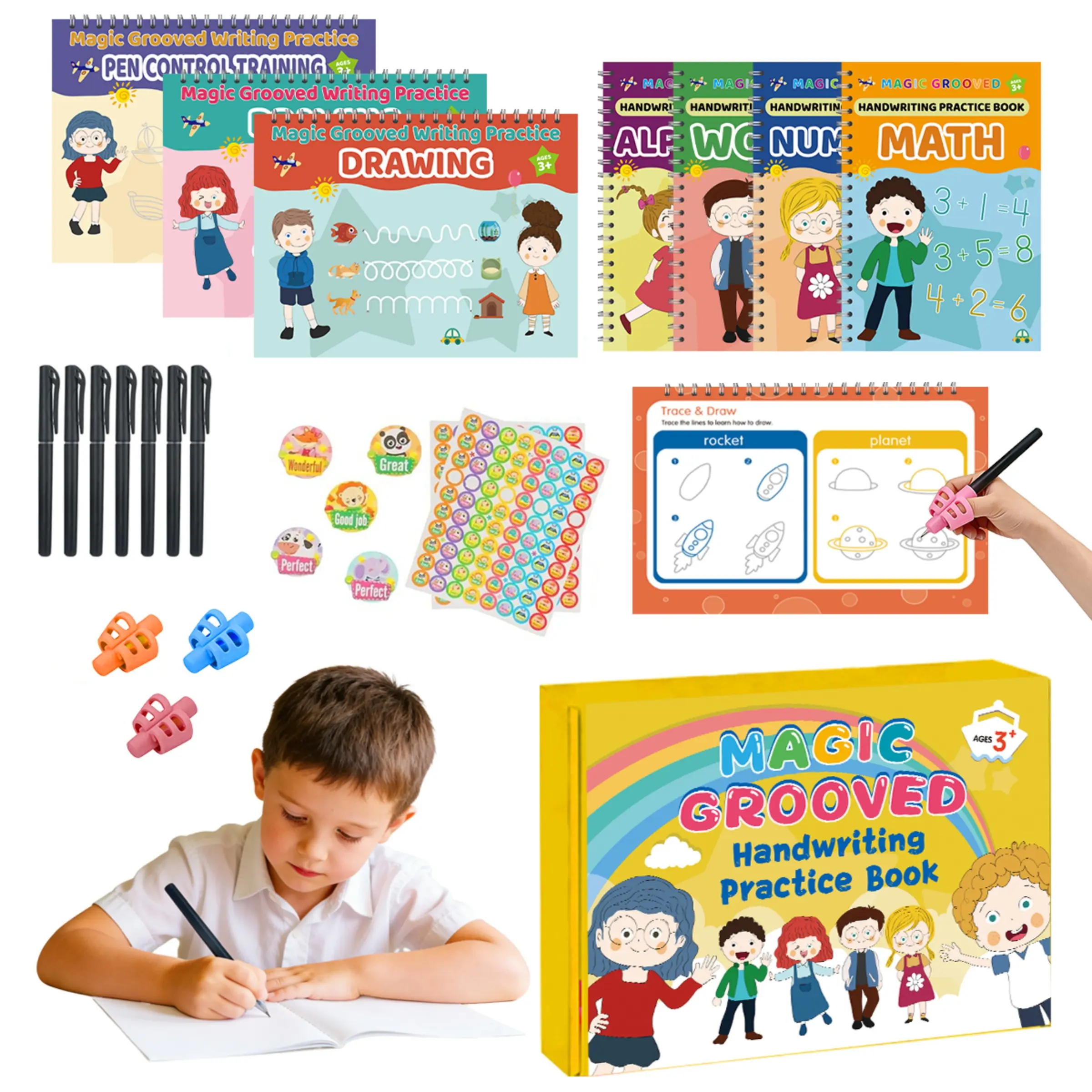 Large Size Magic Writing Practice Gift Set, Preschool Learning Materials, School Supplies, 7PCS Workbooks for Letters, Words, Numbers, Math, Pen Control, 7 Magic Erasable Ink Pens, 3 Silicone Pencil Grips & 2 Reward Stickers, Gift for Kids