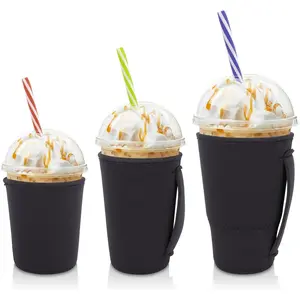 3 Pack Reusable Neoprene Insulated Iced Coffee Sleeve with Handle for 16-32oz Cold Drinks Beverage Coffee Cups (Black)