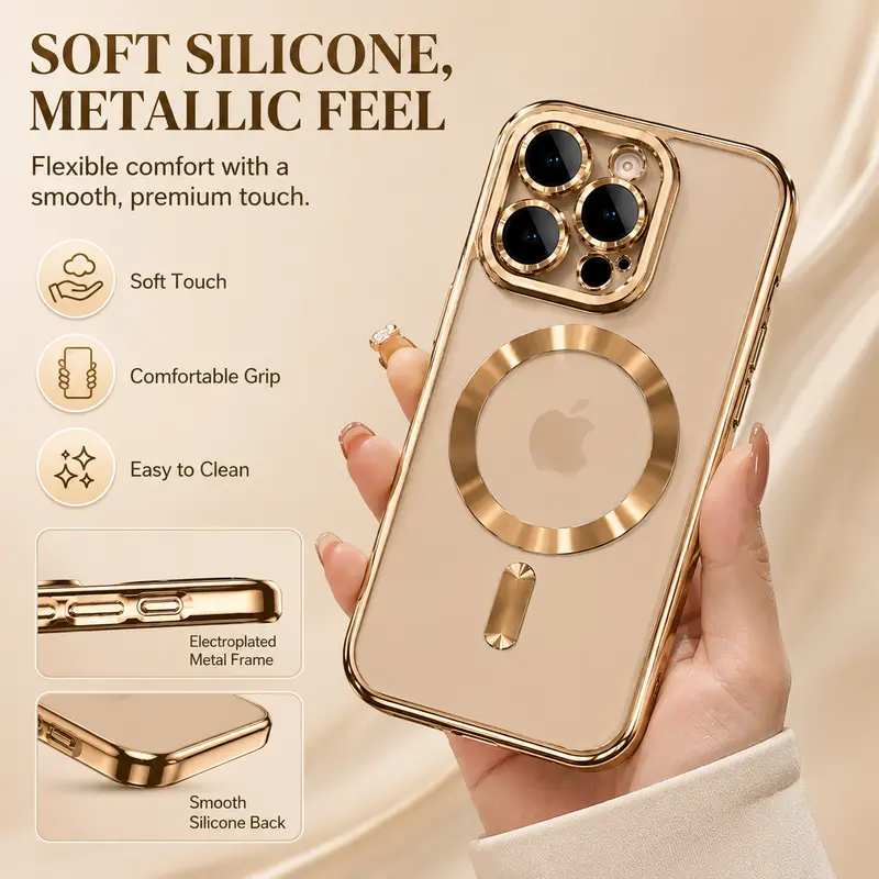 Official Desert Gold MagSafe Magnetic Half-Wrapped Protective Smartphone Case for iPhone 17Air-11 Series, TPU Soft Cover with Lens Protector, Screen Protector, Wireless Charging Compatibility, Handheld Devices Accessories for Women