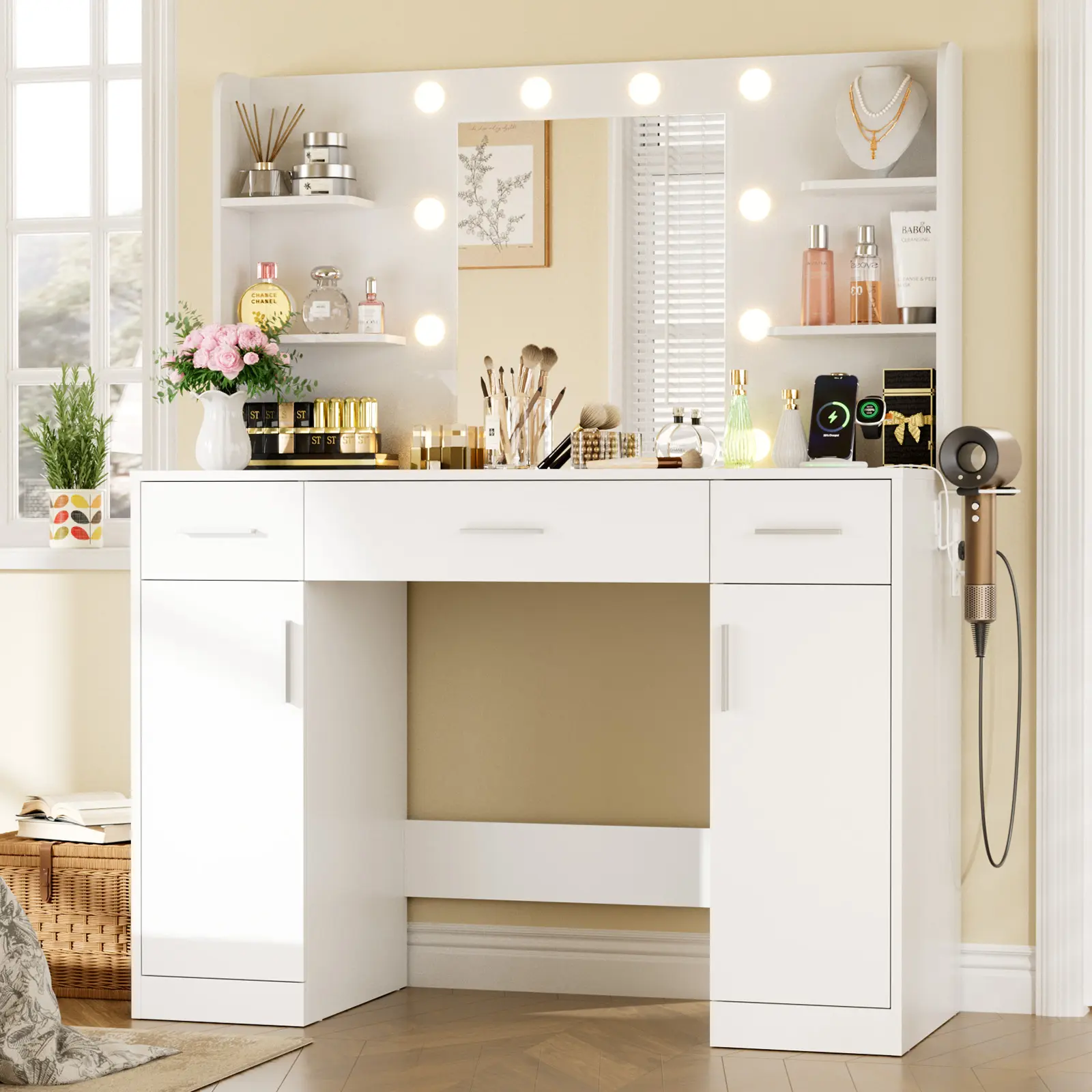 Sweetcrispy White Makeup Vanity Set - Makeup Dressing Desk with Iron Frame, Adjustable 3-Mode Illuminated LED Mirror, 2 Sockets, 3 Drawers, 4 Storage Shelves, Bedroom Storage Stool for Grooming Sweetcrispy White Makeup Vanity Set - Makeup Dressing Desk with Iron Frame, Adjustable 3-Mode Illuminated LED Mirror, 2 Sockets, 3 Drawers, 4 Storage Shelves, Bedroom Storage Stool for Grooming