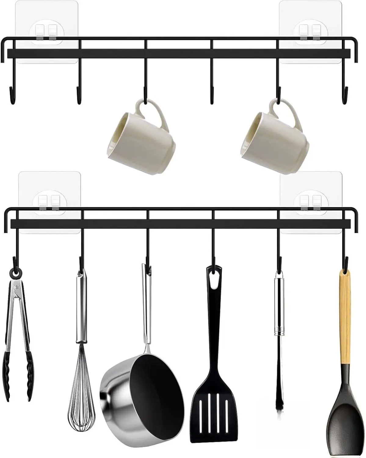 2-Pack Black Minimalist Adhesive Metal Kitchen Utensil Hanger Rack Rail - Rustproof Wall-Mountable No-Drilling Space Saver Organizer with 12 Hangable Hooks, Room Organization Products, Home Organizer Hook