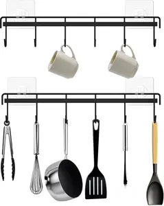 Kitchen Utensil Hanger, Adhesive Utensil Holder Wall Mount Kitchen Rack Rail with 12 Hooks, Space Saving and No Drilling, Black, 2 Pcs