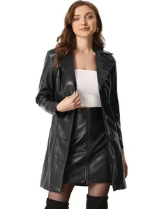 INSPIRE CHIC Faux Leather Long Jacket Women's Notched Lapel Collar PU Trench Coat