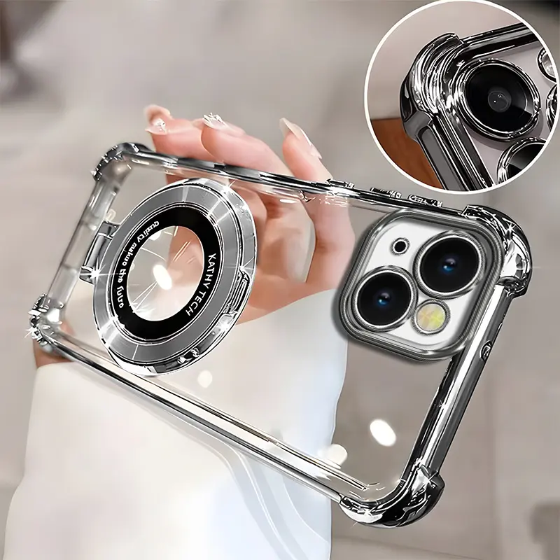 Suitable for [iPhone 15 Plus] high-end phone case🥰, Electroplated Luxury Clear Phone Case with Ring Stand Holder 4-Corner Shockproof Camera Protective Cover 952