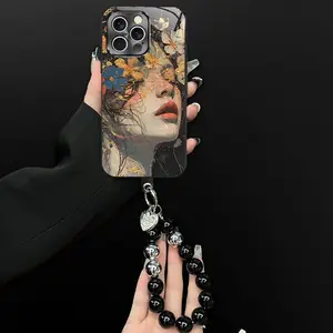 A girl surrounded by blooming flowers phone case，suitable for iPhone 17/16/15/14/13/12/11 Pro Max Plus Black bracelet with a heart design, and a shockproof phone case with electroplated edges 995