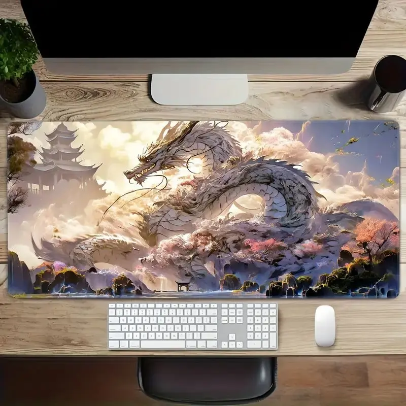 Extra-Large White Dragon Gaming Mouse Pad with Non-Slip Rubber Base, Precision Edge Stitching, Washable Rectangular Desk Mat for Work and Play