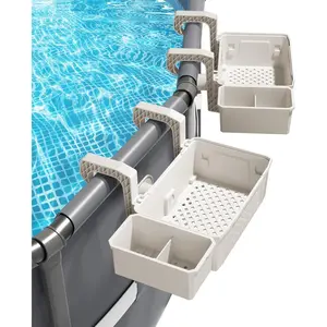 2 Sets of Poolside Storage Baskets with Cup Holders - Perfect for 3-Inch or Smaller Top Rails - Above Ground Pool Accessories - Fit for Most Above Ground Pool (Beige)