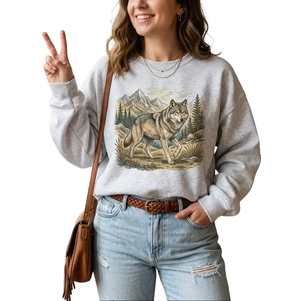 Retro Gray Wolf Unisex Women's Cotton Pullover Sweatshirt, Vintage Womenswear Boho