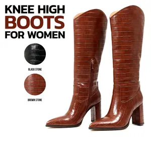 Knee High Boots For Women Pointed Toe Chunky Block High Heel Side Zipper Fashion Dress Date Party Nightclub Crocodile Go Go Boot Trendy Tall Booties
