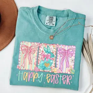 Comfort Colors Happy Easter TShirt, Easter Bunny Tee, Youth Easter T-Shirt, Preppy Coquette Easter Tshirt