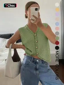 Women's Plain Button Front Cardigan, Casual Basic Fitted Crochet Knitted Cardigan for Summer, Fashion Women's Sleeveless Knitwear for Daily Wear, Vneck Womenswear, Knitted Tops