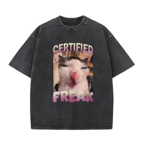 Vintage Washed Black Unisex T-Shirt – Certified Freak Meme Cat Print, Oversized Fit for Outdoor Streetwear & Edgy Meme Aesthetic