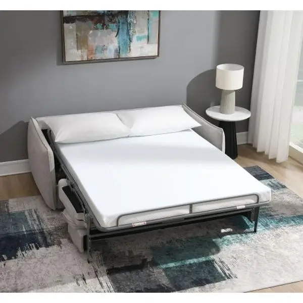Jinn Beige Chenille Upholstered Foldable Space-Saving Futon Set, Convertible Sleeper Sofa with Full-Size Memory Foam Mattress for Living Room & Guest Room, Foldable Futon Sets, Space-Saving Futon Sets