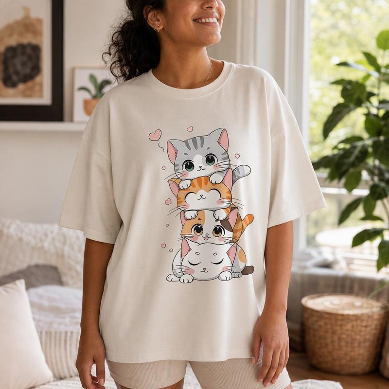 Lady's 100% Cotton Round Neck Short Sleeve Drop Shoulder Casual Top, Cute Stacked Cats Graphic Pet Mom Tshirt