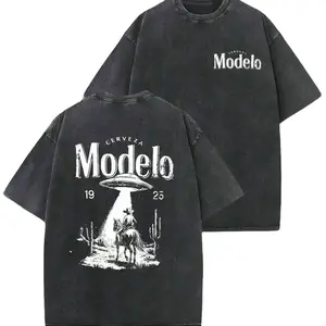 Modelo UFO Cowboy Graphic-Shirt – 230g Heavyweight Vintage Washed Cotton Retro Streetwear Tee With Cerveza Modelo Letter Print, UFO Western Cowboy Desert Scene Design, Y2K Oversized Casual Short Sleeve Men's Summer Fashion Summervibes