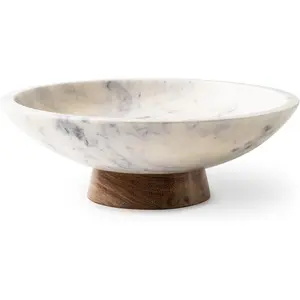 Marble Decorative Bowl for  Decor - Handcrafted  Stone with Acacia  Pedestal - Versatile 11" Catch  for Entryway, Kitchen Fruit Bowl, Potpourri, Dining Table Centerpiece