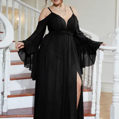 Black Flowy Prom Dress with Layers - TikTok Shop
