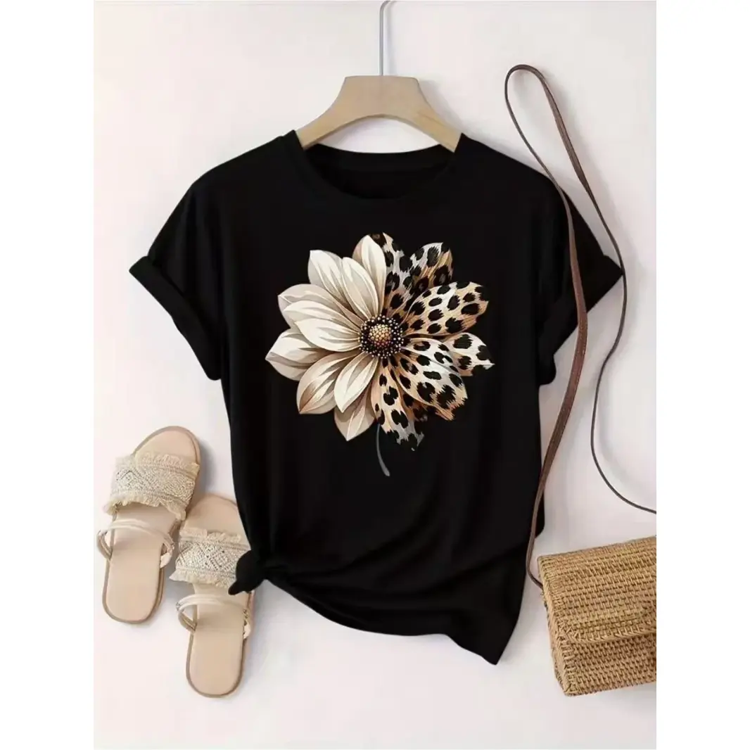 Womens Cotton Short Sleeve T Shirt Leopard Flower Graphic Crew Neck Casual Summer Top Soft Breathable Everyday Tee For Vacation Beach Streetwear And Weekend Outfits