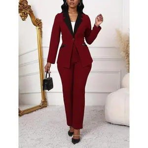 Women’s two-piece colorblock lapel blazer set with pocket and button closure, paired with pants—an elegant fashion ensemble for work, office, and business; ladies’ clothing suitable for all seasons