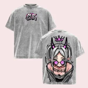Frieren Streetwear Vintage Anime T-Shirt Demon Elf Girl Purple Crown Graphic Tee Oversized Retro Shirt Heavy Cotton Grunge Gift for Frieren Fans