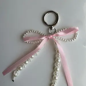 Bow Keychain with Light Blue Ribbon and Pearl Beads Decorative Accessory