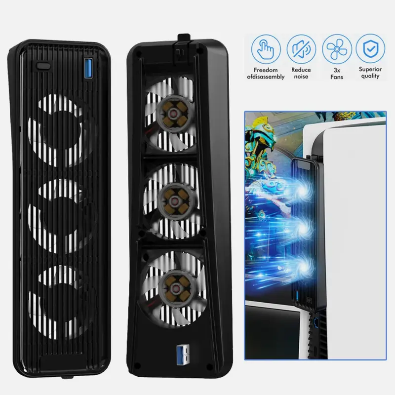 External Cooling Fan Cooler for PS5 PlayStation 5 Host Console with 3 Blue LED Lights & 3-Fan Horizontal Design for Enhanced Gaming Experience