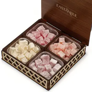 Eastanbul Turkish Delight Assorted Flavors (Vanilla, Pomegranate, Orange, Rose) in Wooden Gift Box, 35.3oz Lokum Candy, Premium Souvenir Dessert Gift