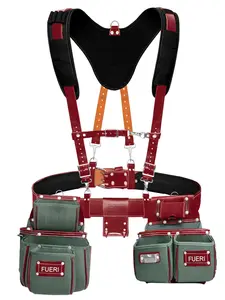 FUERI Nylon and Leather Tool Belt with Suspender comes with 19 Pocket with Adjustable Foam Padded Belt,Heavy Duty Pouches, 4 D-Loops, Leather Suspender and hammer holder for Carpenters & Electricians