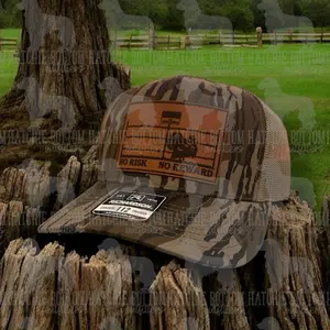 Richardson 112 Trucker Hat No Risk No Reward Mossy Oak Camo with Mesh Back Custom Laser-Engraved Leather Patch for Hunters & Outdoor Enthusiasts