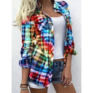 Plus Size Plaid Shirt HU529537 - Casual Long Sleeve Checkered Button-Up Top Women's Blouse Fabric with Flap Pockets for Spring/Fall