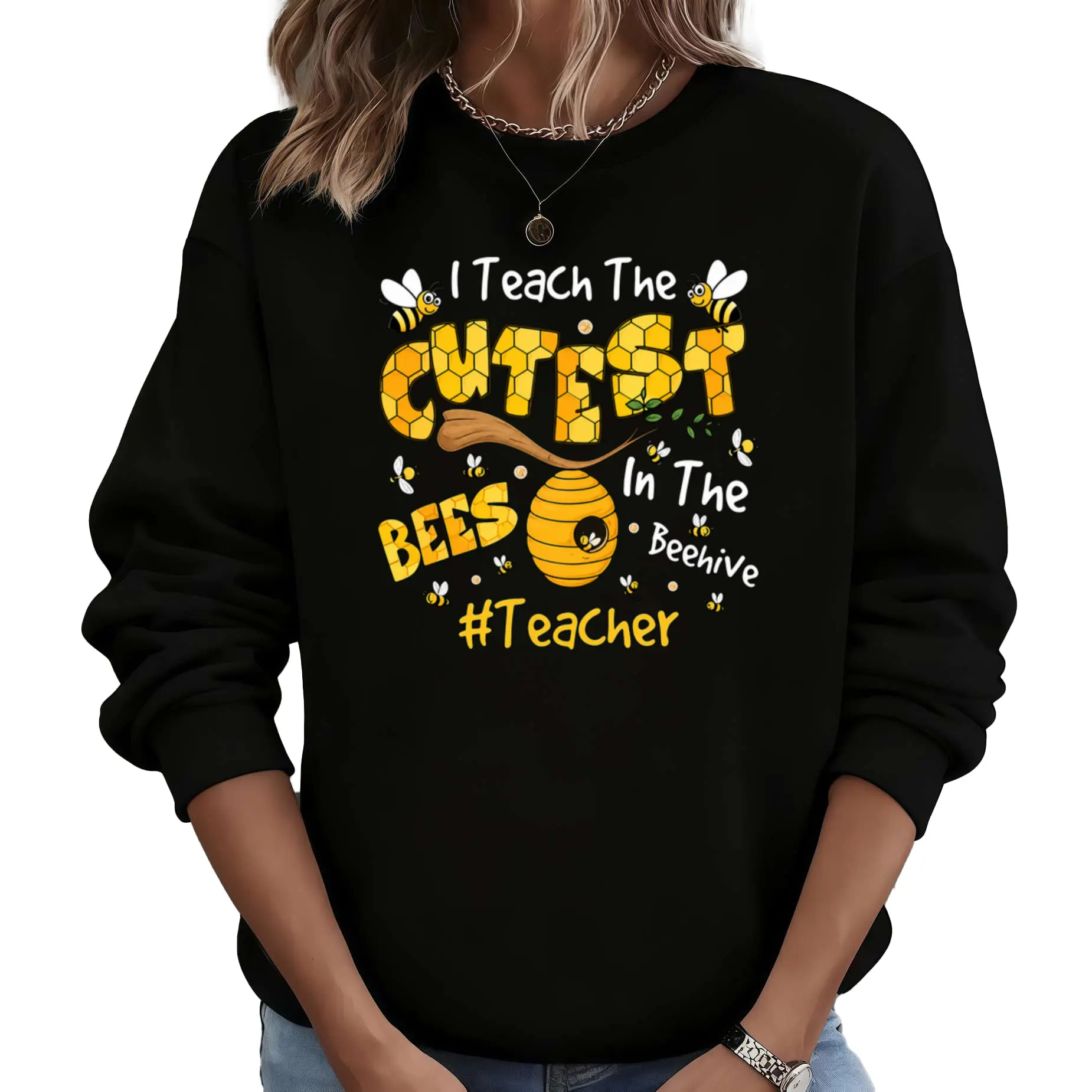 Plus Size Long Sleeve Sweatshirt for Women – "I Teach The CUTEST BEES" Graphic, Beehive Design, Crew Neck Casual Top Perfect for Teacher Events & Themed Outfits