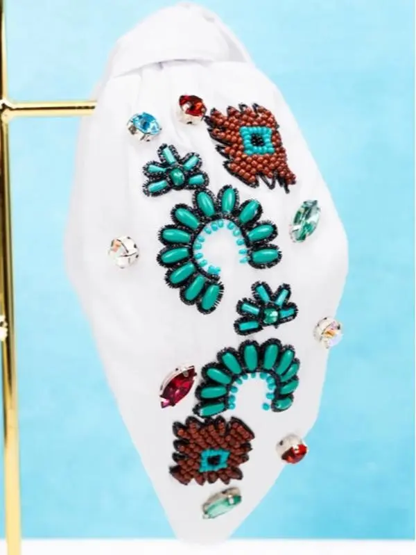 Western Embellished White Fabric Knotted Headband
