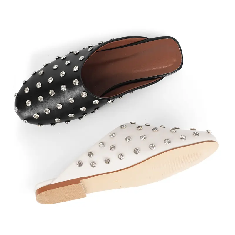 【Instant Savings】Women's Preppy Sweet Minimalist Rhinestone Beads Studded Polka Dot Mules - Black & White Round Toe Slip-On Footwear, Backless Fabric Loafers, Japanese Girly Feminine Ballet Flats for Office, Party Spring & Summer Fashion