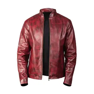 Men's Distressed Red Maroon Leather Jacket by Hide Crafts