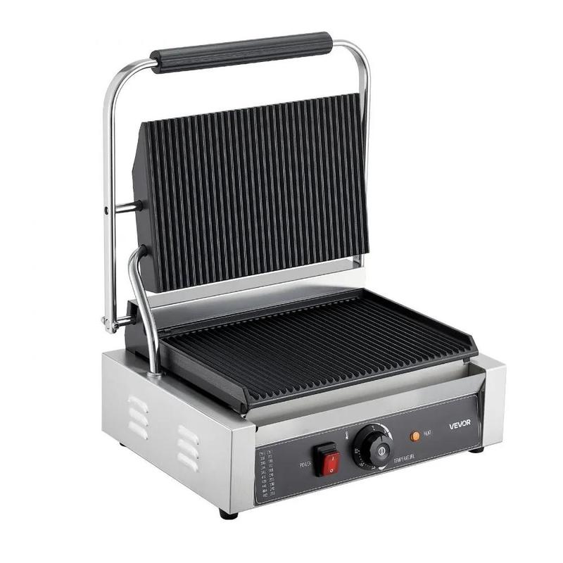 VEVOR Commercial Panini Grill,  , 1800W Electric Sandwich Panini Maker, Stainless Steel Sandwichs Press with Handle and Temp Control, 13.5x9.3 in Full Grooved Enamel Plate, for Hamburger Steak Bacon