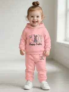 Girls' Two-Piece Long Sleeve Hooded Easter Cartoon Floral Rabbit Letter Print Casual Sportswear Set, Fall Fashion, Comfortable and Stylish