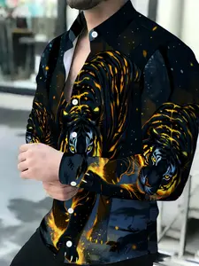 Dark Night Glowing Tiger Print Men's Breathable Lapel Long Sleeve Cardigan