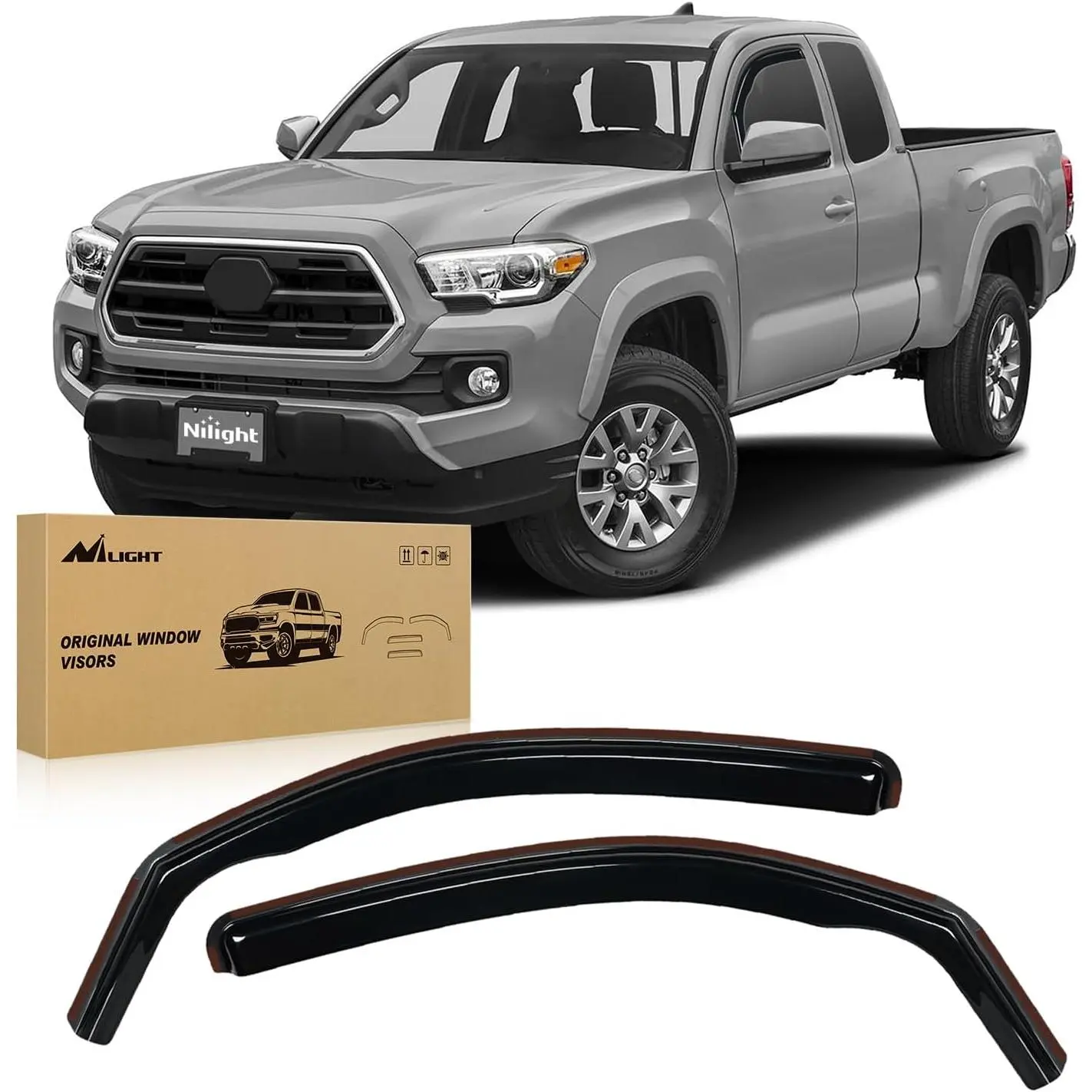 Nilight Acrylic In-Channel Window Deflector Set for Toyota Tacoma Cab (Access/Double) 2016-2024, All-Weathers Aerodynamic Rain Guards with Fog Reduction & Ventilation, 2PCS Tool-Free Exterior Accessories, 6 Clips, 78inch Double-Sided Tape, Secure Fixation