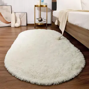 Fluffy Rugs for Bedroom, Shag Cute Area Rug for Girls/Boys and   Room Home Decor, 2.6 x 5.3  Oval Indoor Carpet for  Dorm Living Room, Creamy