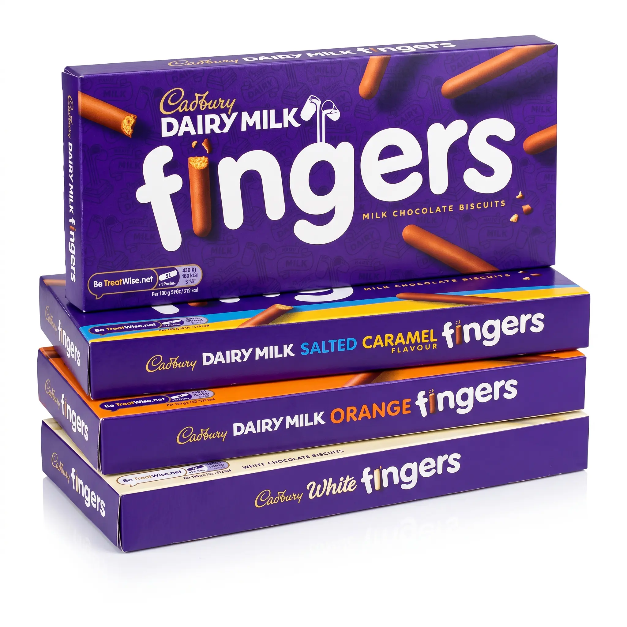 Cadbury Dairy Milk Fingers Variety Pack, 4 UK Imported Biscuit Boxes, Milk Chocolate, White Chocolate, Orange & Sea Salt Caramel