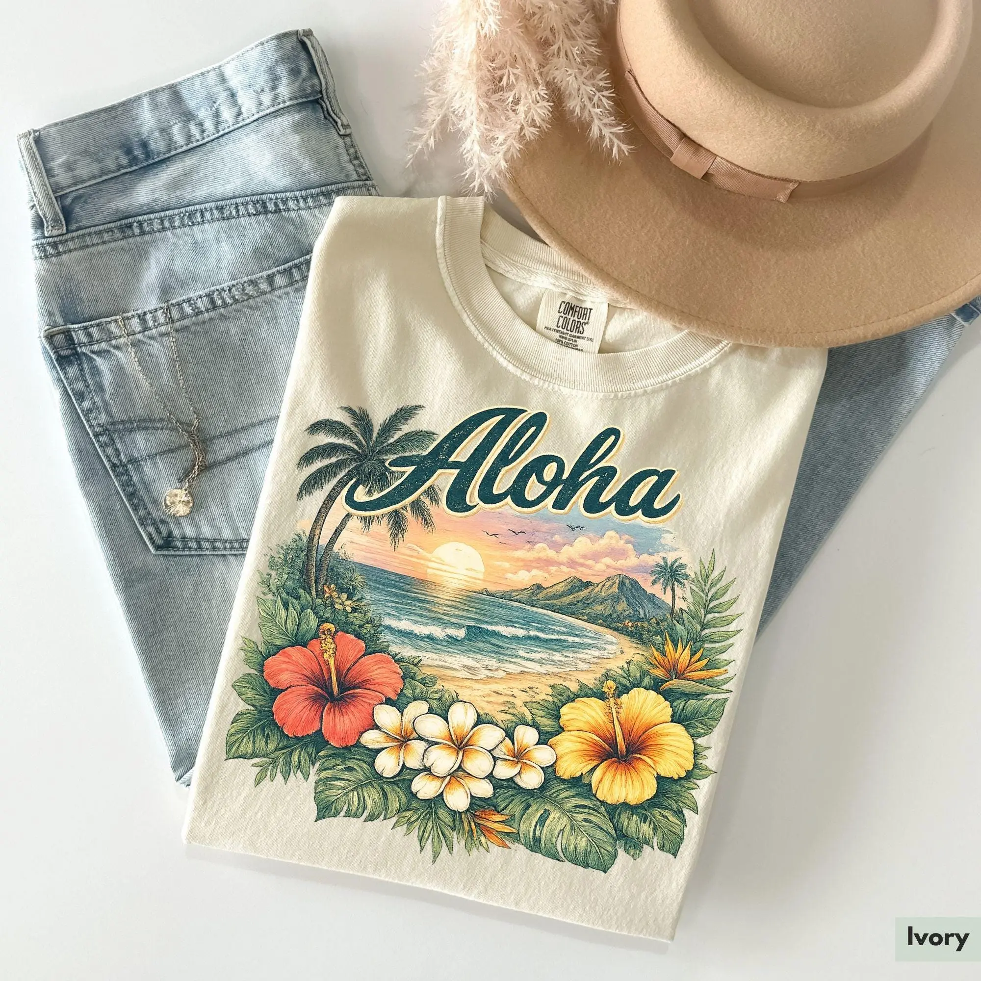 Comfort Colors Aloha Hawaii Summer Shirt - Vintage Tropical Beach Graphic Tee - Hibiscus Floral Island Vacation Aesthetic Shirt