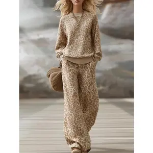 Women Leopard Print Loungewear Set Casual Striped Drop Shoulder Crewneck Sweatshirt Elasticated Waistband Pocket Athletic Shorts All Seasons