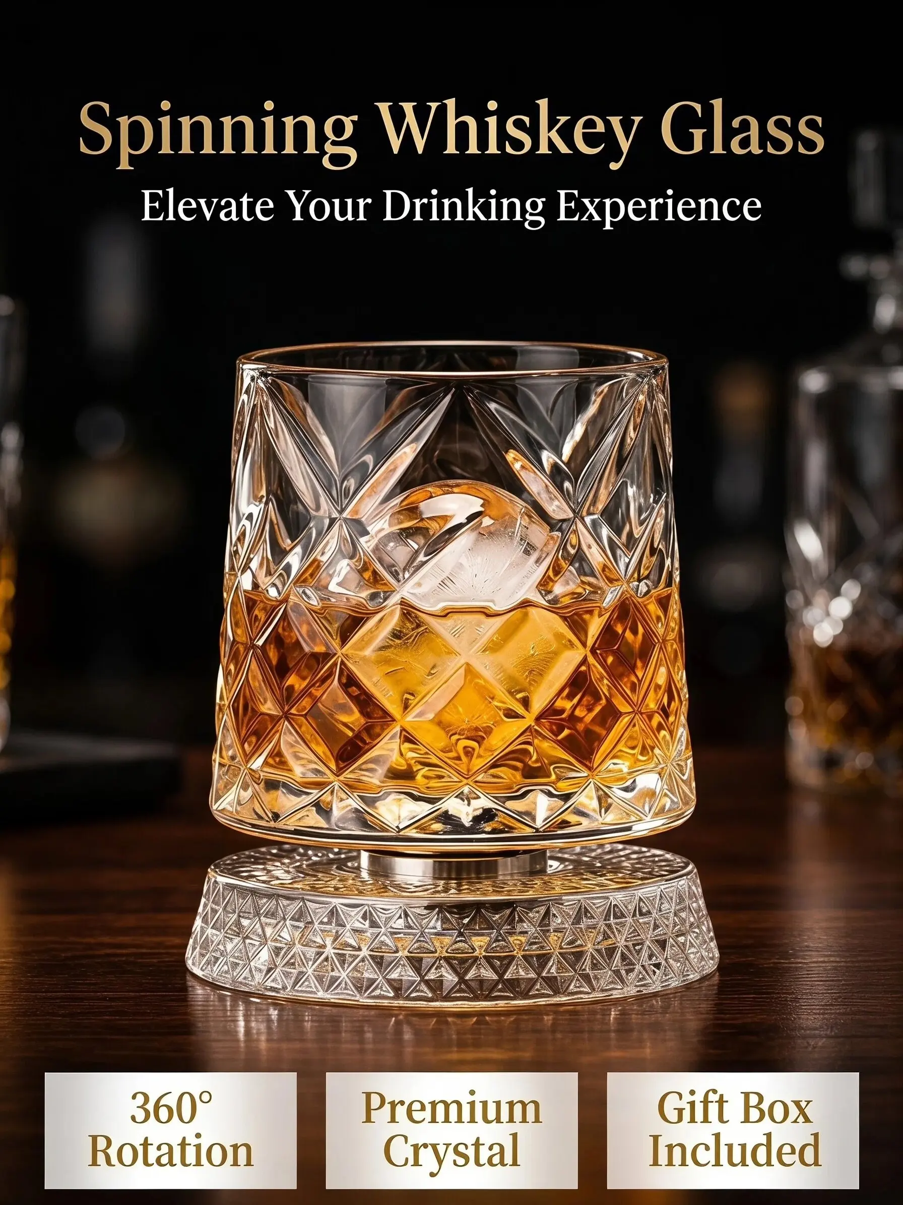 Spinning Whiskey Glass with Rotating Base - Kinetic Whisky Tumbler that Gently Spins to Aerate & Enhance Flavor, Mesmerizing Stress-Relief Barware for Home, Party, Date Night - Unique Gift for Dad, Boyfriend, Whiskey Lovers