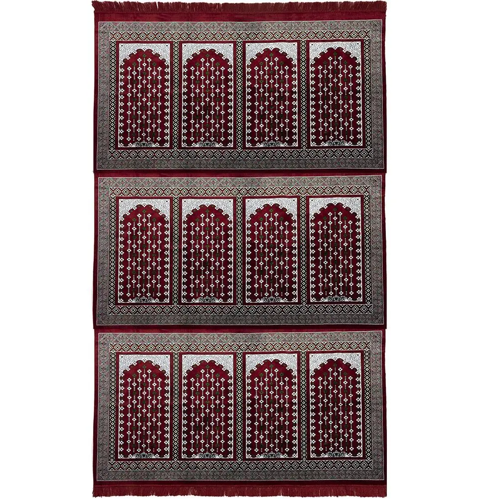 Wide 12 Person Masjid Islamic Prayer Rug | Geometric Vined Arch - Red & Green