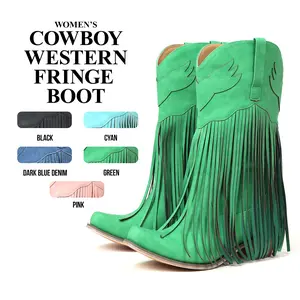 Womens Mid Calf  Embroidery Fringe Cowboy Boots Pointed Toe Chunky Block Heel Pull On Comfy Fashionable Party Concert Holoiday Outings Dress Spring Western Cowgirl Boot