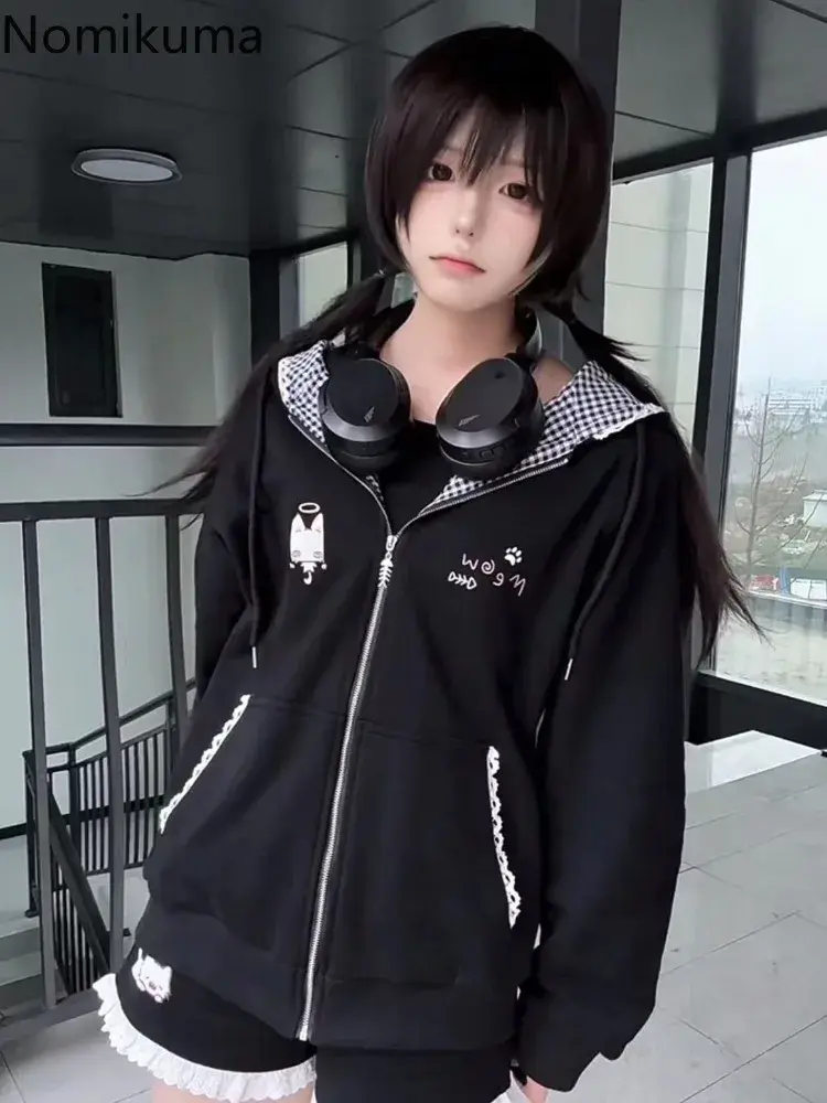 Cat Ears Hooded Sweatshirts Jackets Women's Clothing Long Sleeve Zipper Cartoon Jacket Casual Fashion Korean Y2k Hoodies Coats
