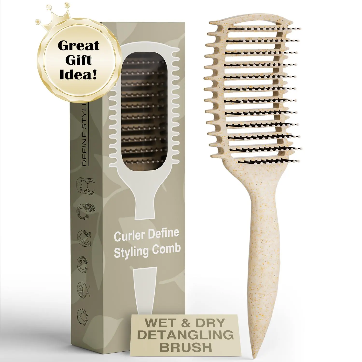 Curl Defining Brush for Women and Men Vented Design for Detangling and Shaping Curls Ergonomic Handle Gentle on Hair Beige Hairbrush,summerwins