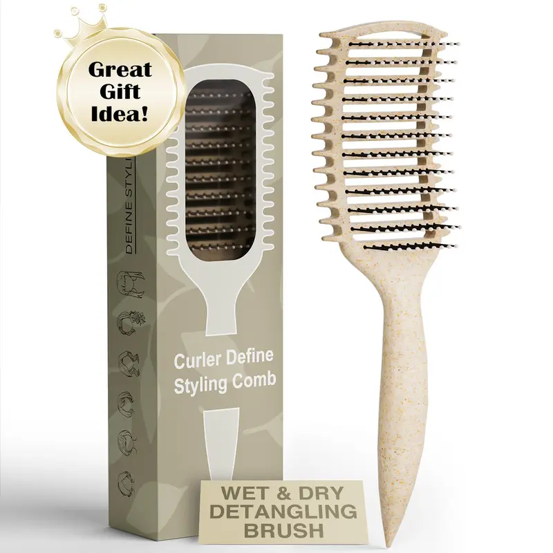 Vented Detangler Curl Styling Brush - Soft Bristles, Ergonomic Lightweight Beige ABS Handle, Curl Enhancing Detangling Aid for Gentle Care, Easy Cleaning, All Hair Types & Natural Bouncy Locks Hair Care Routine