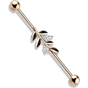 CZ Crystal Leaf Stainless Steel Industrial Barbell